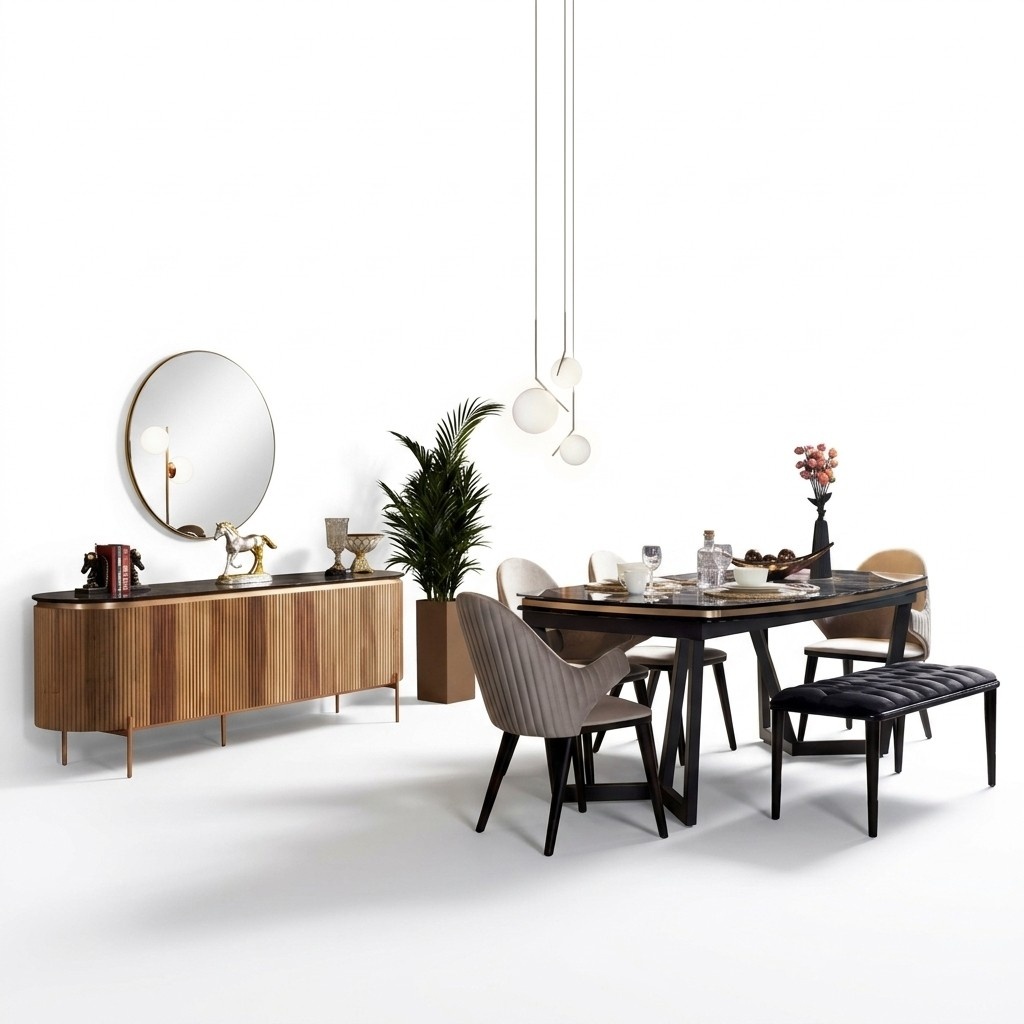 Hochwertig Esszimmer Set Esstisch mit 4x Stühle Hocker Kommode mit Spiegel