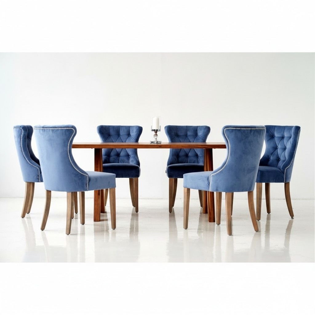 Holz Tisch + 6 Chesterfield Stühle Esszimmer Gruppe Stuhl Garnitur Polster Lehn