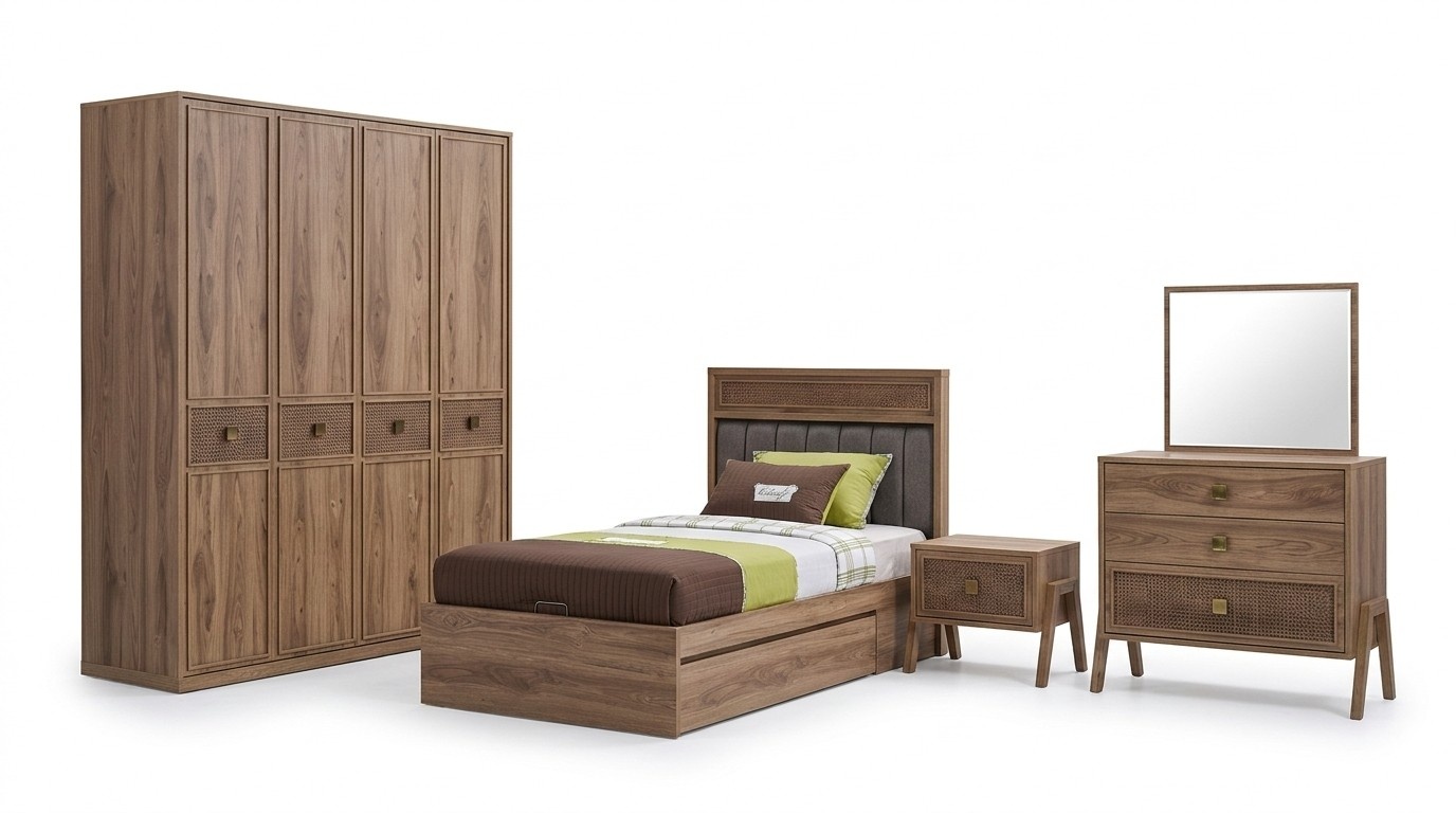 Holzbett mit Bettkasten Komplette Jugendbett Bett Holz Braun Set 4tlg
