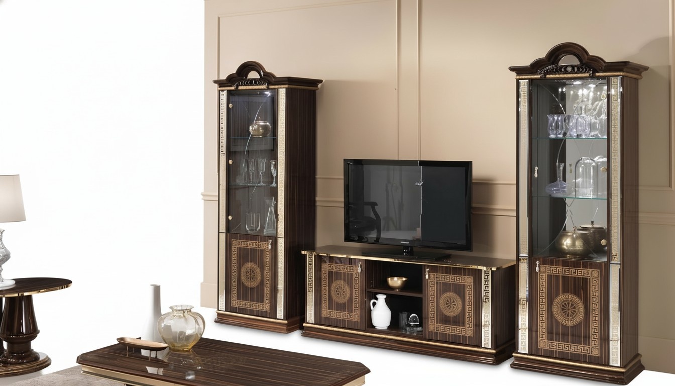 Italienische Wohnwand Möbel Schrank Vitrine rtv 3tlg. Set Luxus tv vitrinen glas