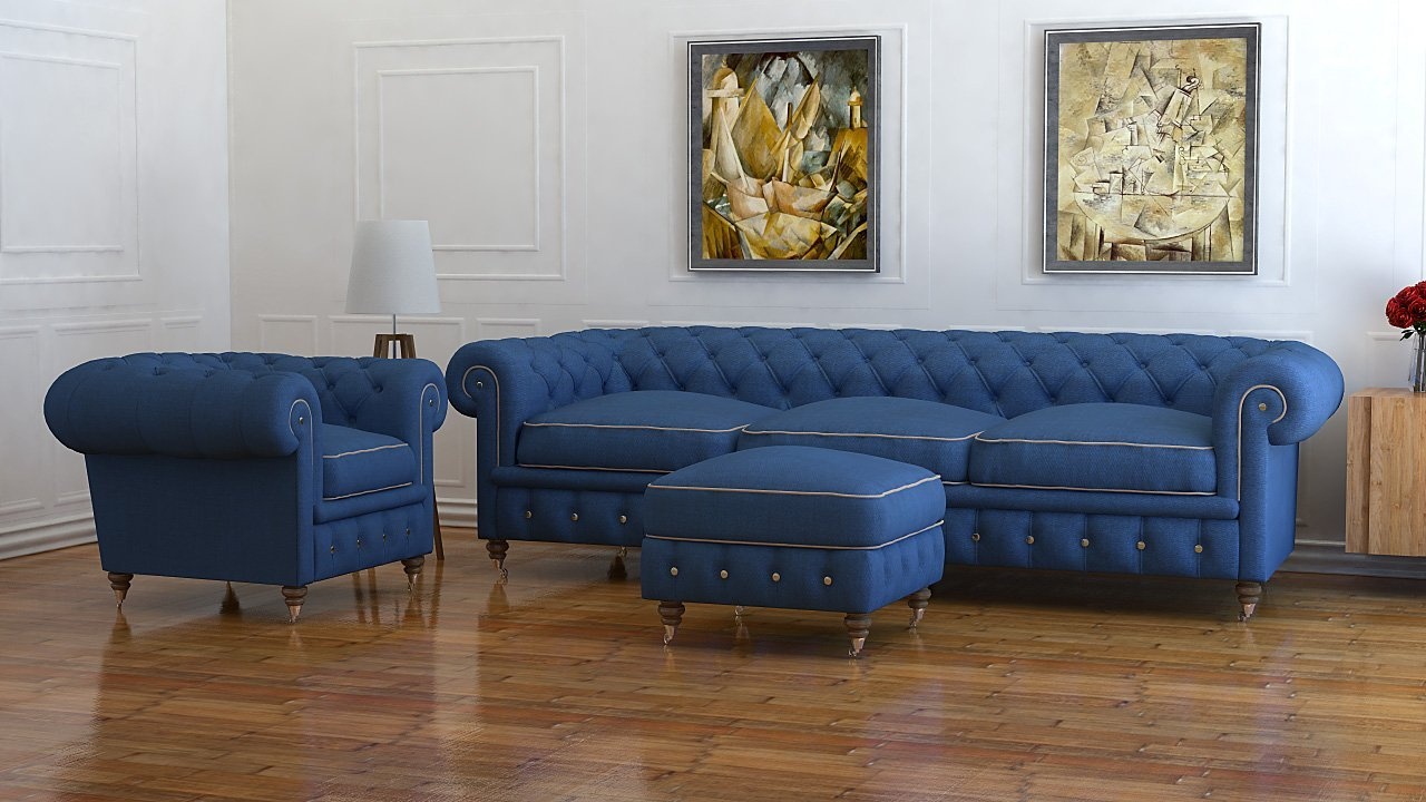 Klassische Design Polster Couch Set Chesterfield Textil Sitz Garnitur + Hocker