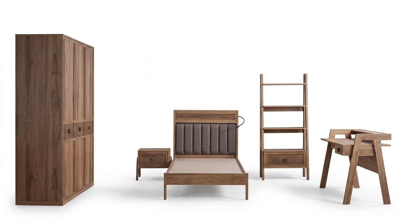Jugendbett Schlafzimmermöbel Holzbett Komplette Bett Braun Set 5tlg