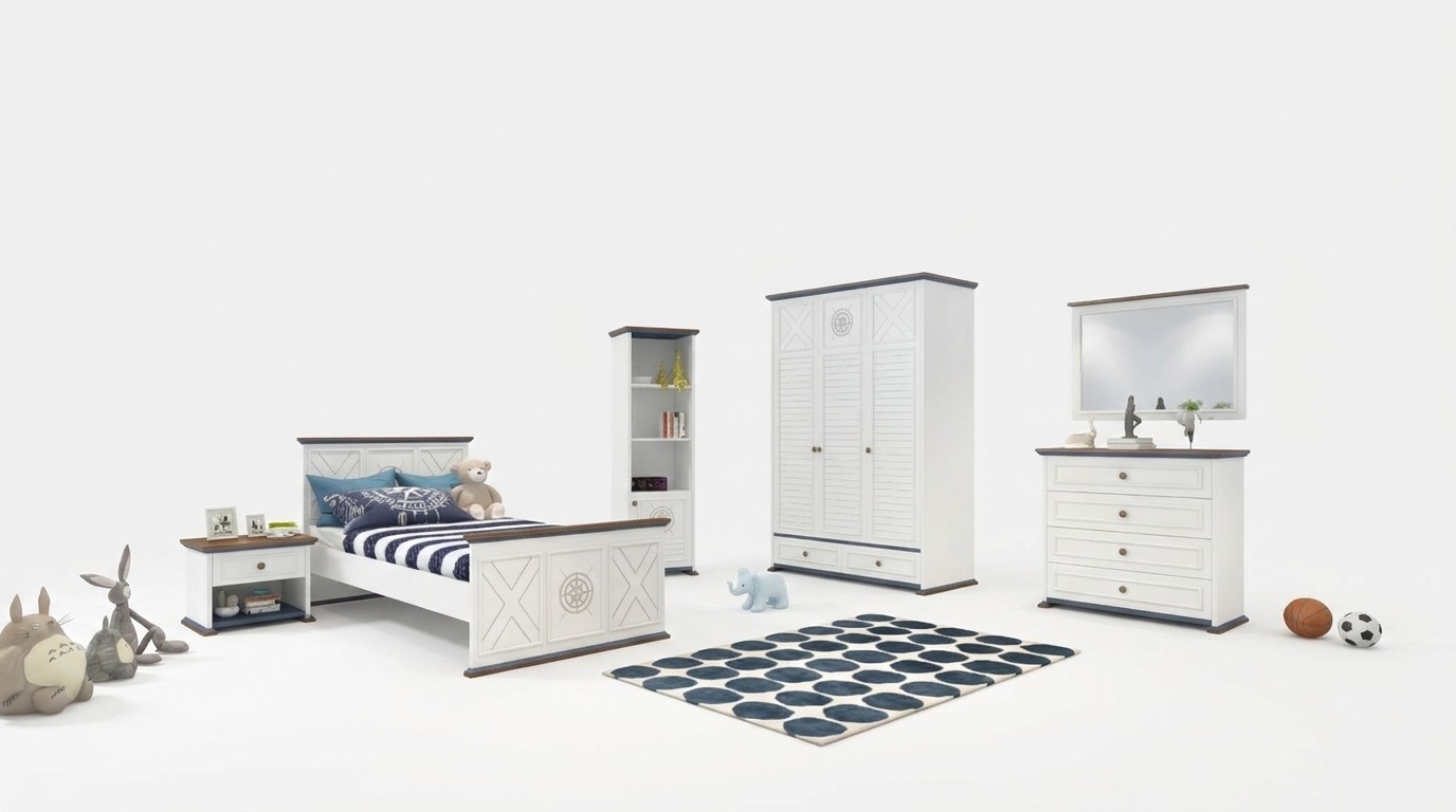Jugendzimmer Komplett Einzelbett Kleiderschrank Kommode mit Spiegel Design 6tlg