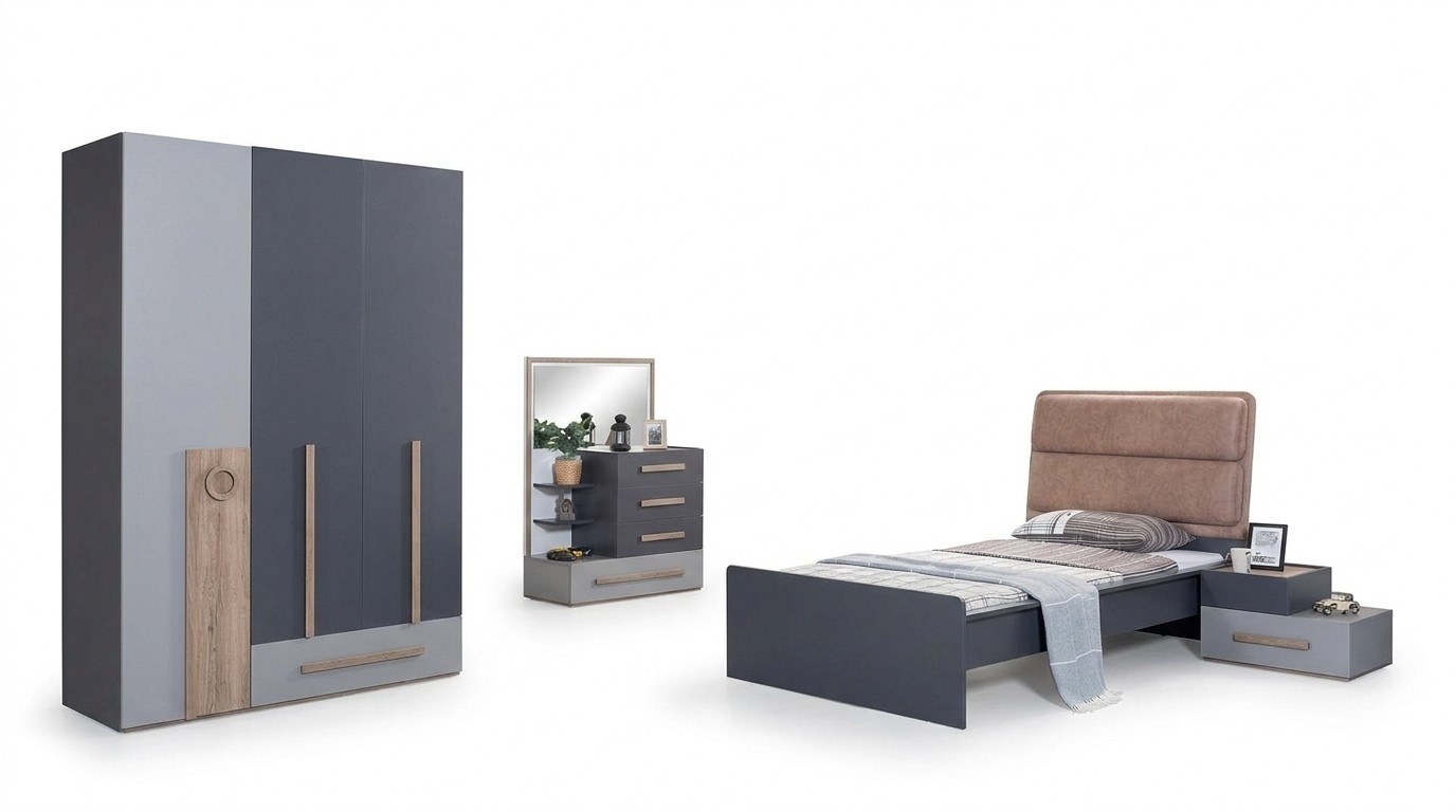 Jugendzimmer Set Grau Bett Nachttisch Kleiderschrank Design Neu 4tlg.
