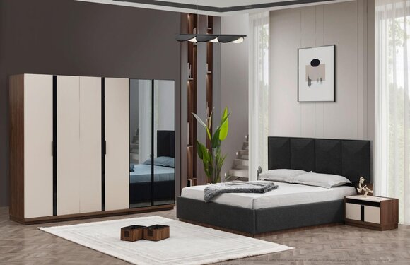 Edle Schlafzimmer Möbel Doppelbett Nachtkonsolen Beiger Kleiderschrank