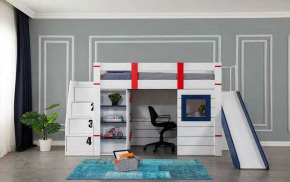 Etagenbett Hochbett Kinderbett Holz Kinder Zimmer Modern Möbel Rutsche Tisch Neu