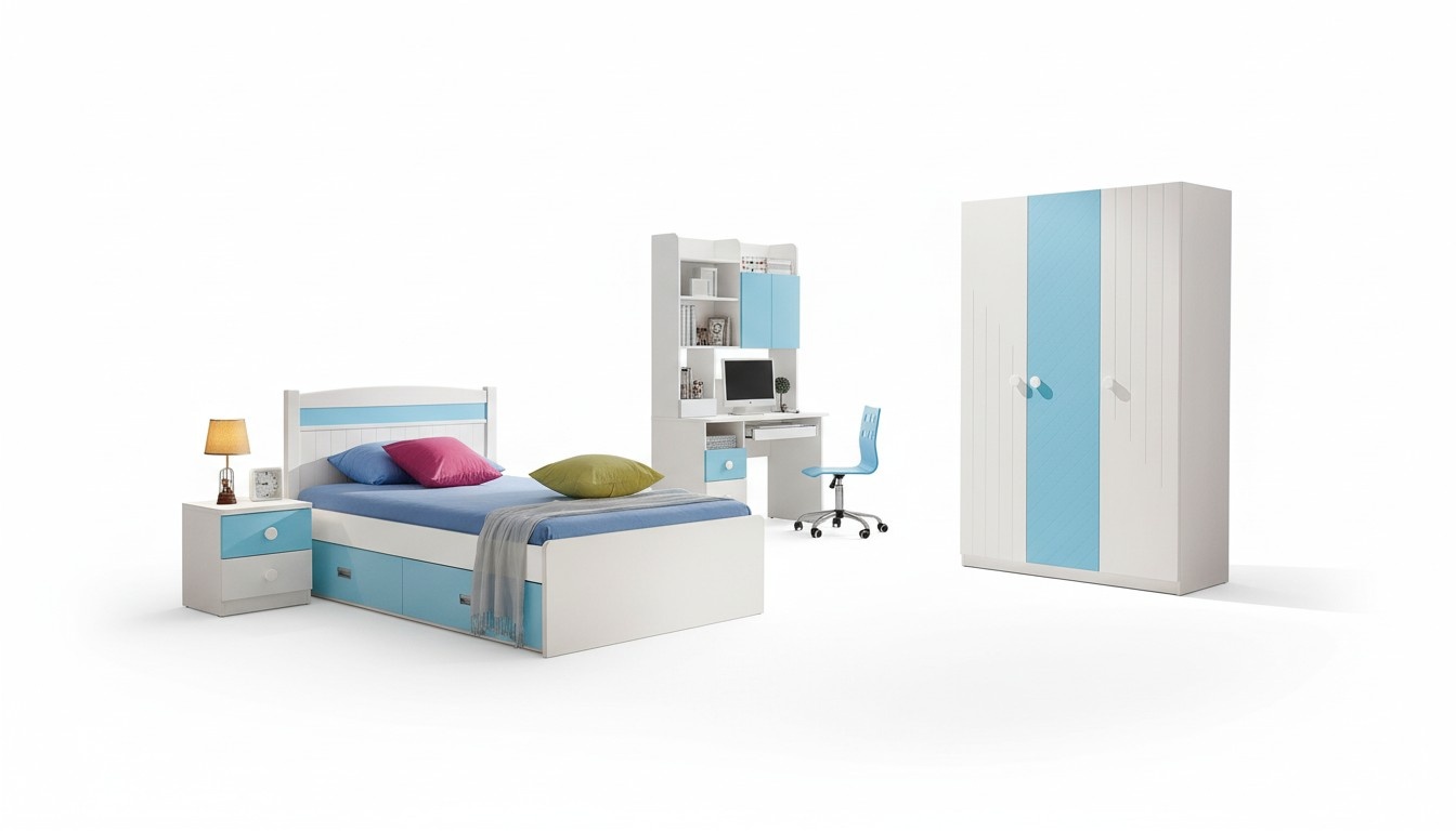 Kinder Komplett Set Jugend Zimmer Bett Kommode Schrank Tisch Büro 4 tlg. Möbel