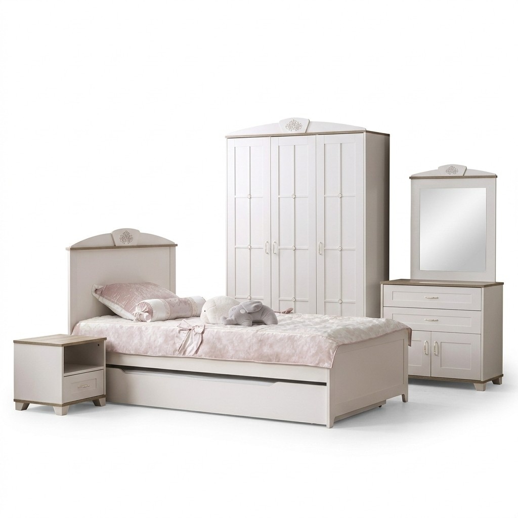 Kinderbett Funktionsbett Holzbett Ausziehbares Bett Weiß Set 5tlg Neu