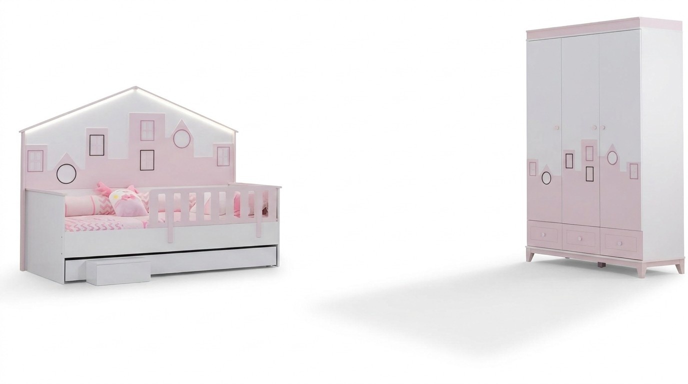 Kinderbett Rosa Kleiderschrank Jugendzimmer Kinderzimmer Möbel 2tlg Set Holz