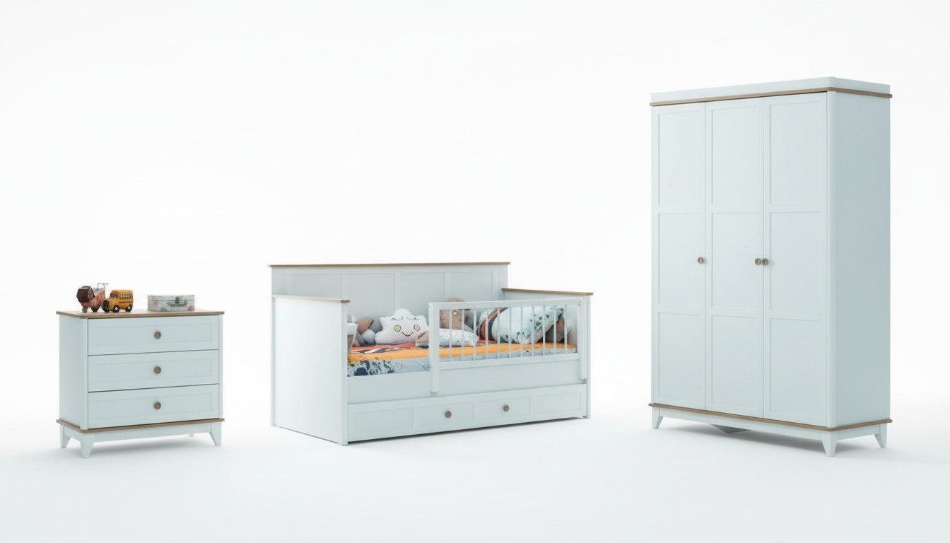 Kinderlaufstall Kinderbettchen Garnitur Bettchen Weiß Holz Set 3tlg