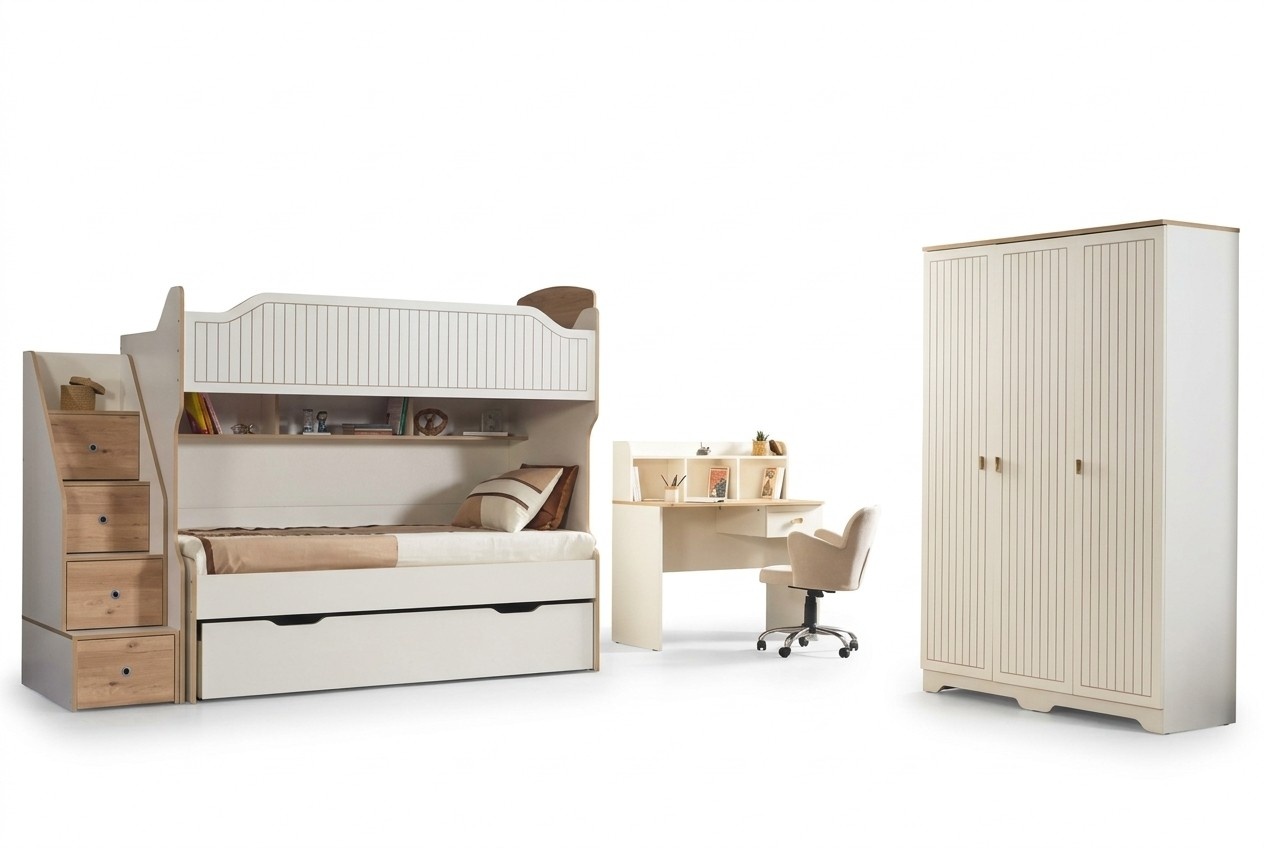 Kinderzimmer Etagenbett Hochbett Set Schreibtisch Kleiderschrank 3tlg.