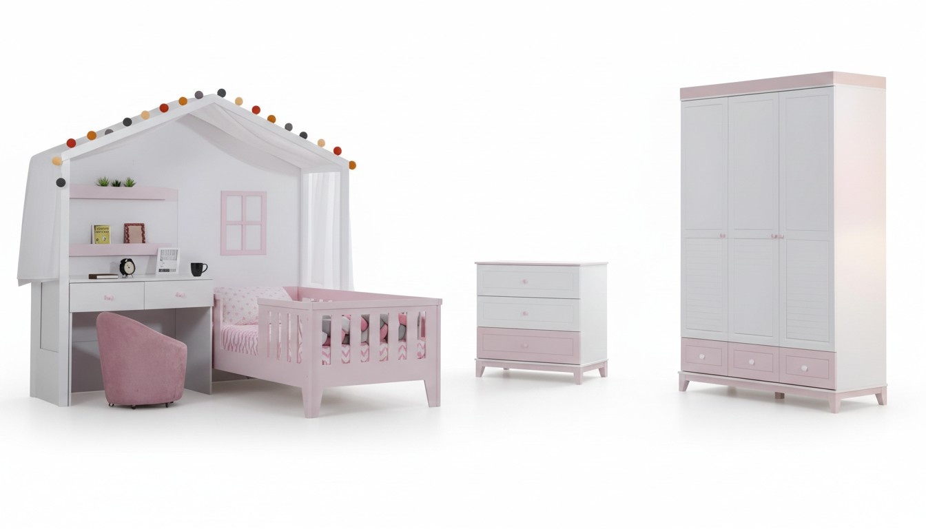 Kinderzimmer Garnitur Modern Kinderbett mit Schreibtisch Kommode Kleiderschrank