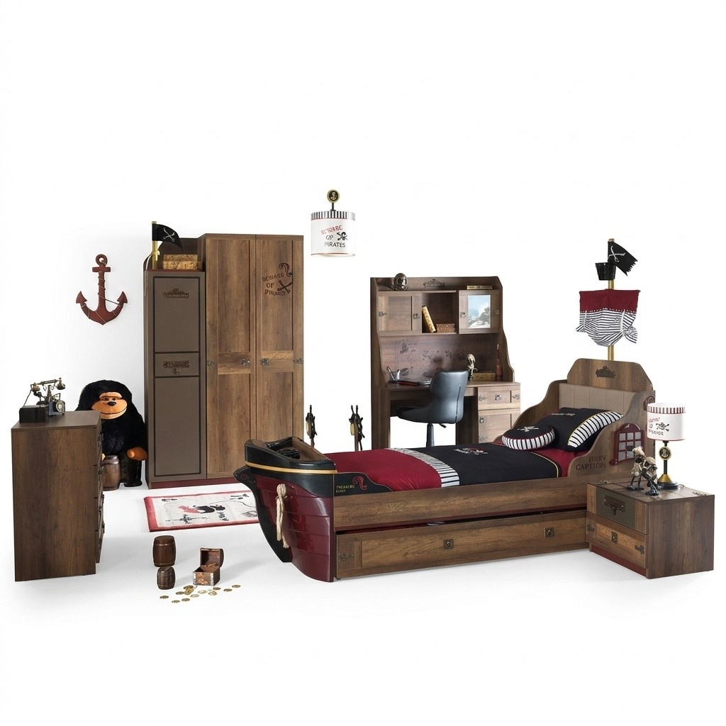 Kinderzimmer Piraten Bett Schiff Kleiderschrank Tisch Doppelte Betten 5tlg