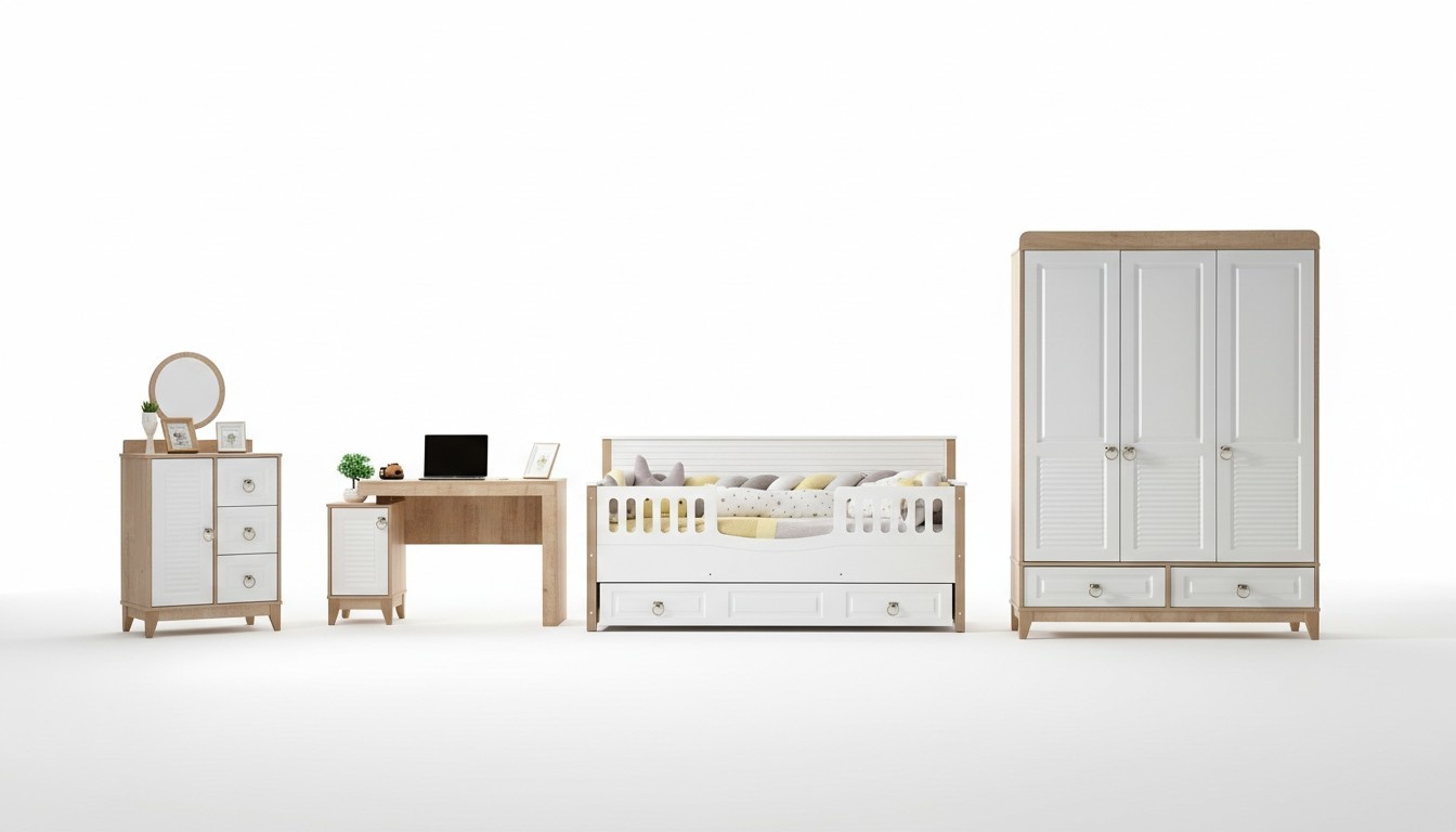 Kinderzimmer Set Bett Kleiderschrank Kommode Schreibtisch Weiß 4tlg