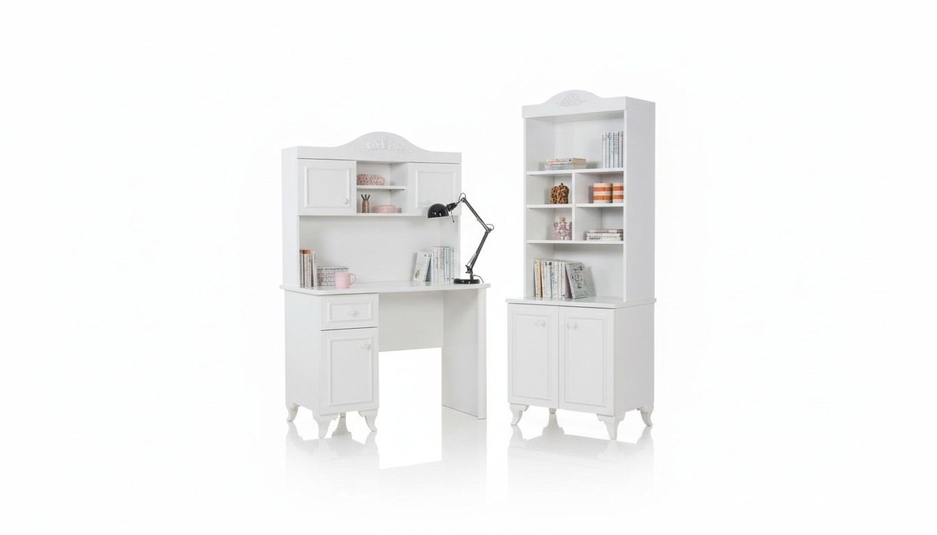 Kinderzimmer Set Weiß Elegantes Schreibtisch Design Bücherregal Holz