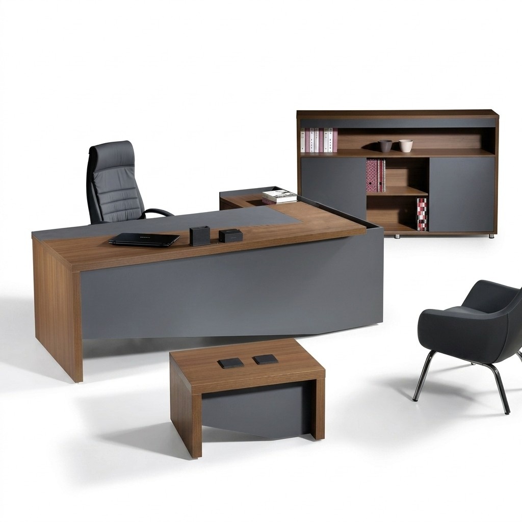 Klassischе Komplette Arbeitszimmermöbel Grau Eckbürotisch 3tlg Holz