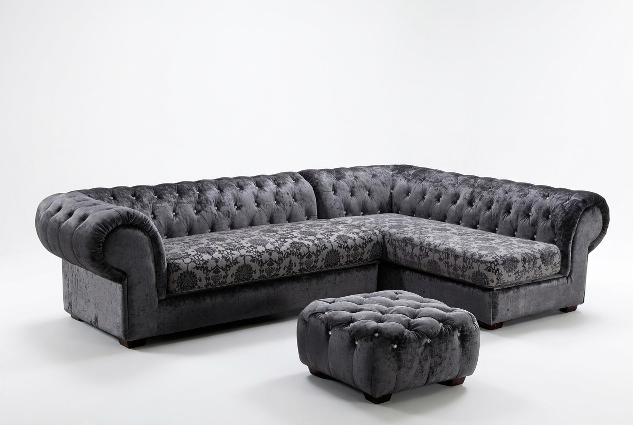 Klassische Chesterfield Stoff L-Form Couch Wohnlandschaft Ecksofa Garnitur Sofa