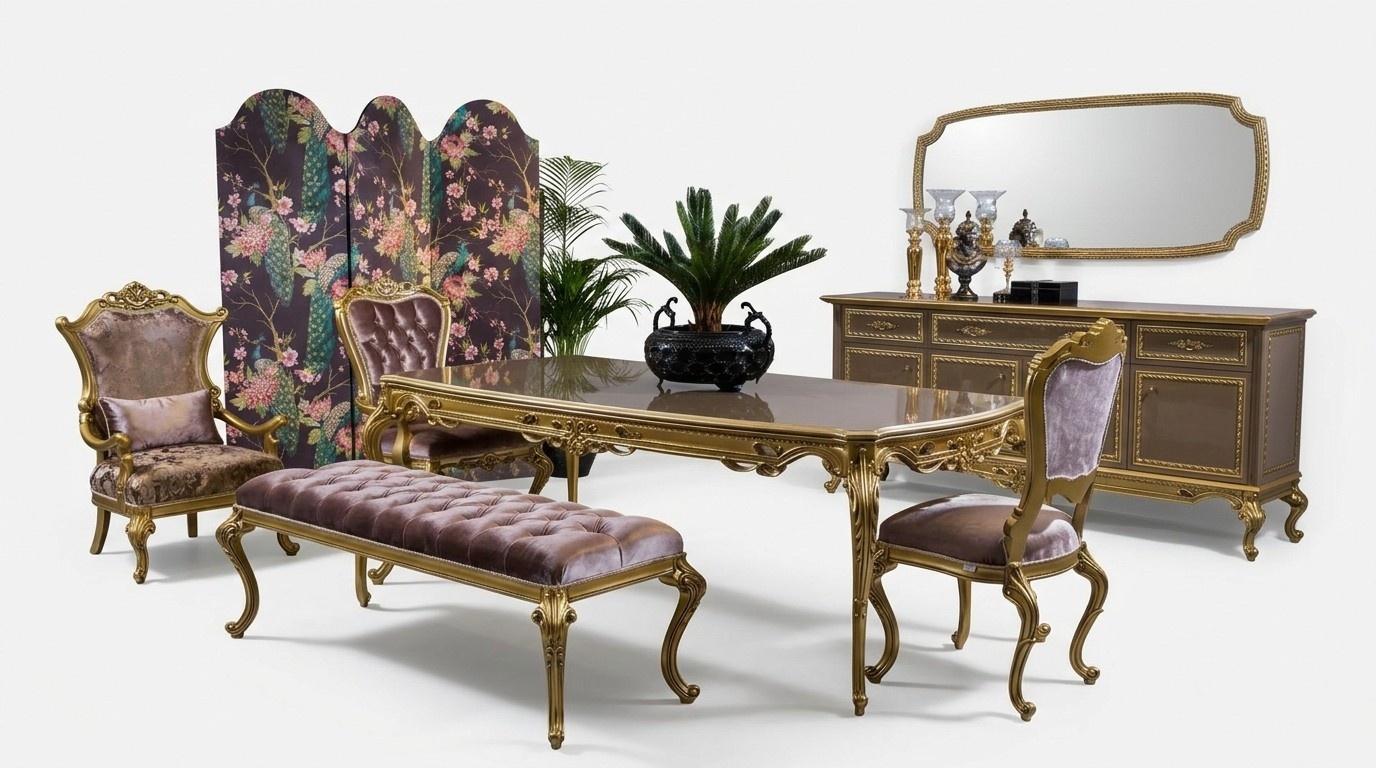 Klassische Esszimmer Garnitur Tisch Stuhl Set Kommode Spiegel Hocker 6tlg