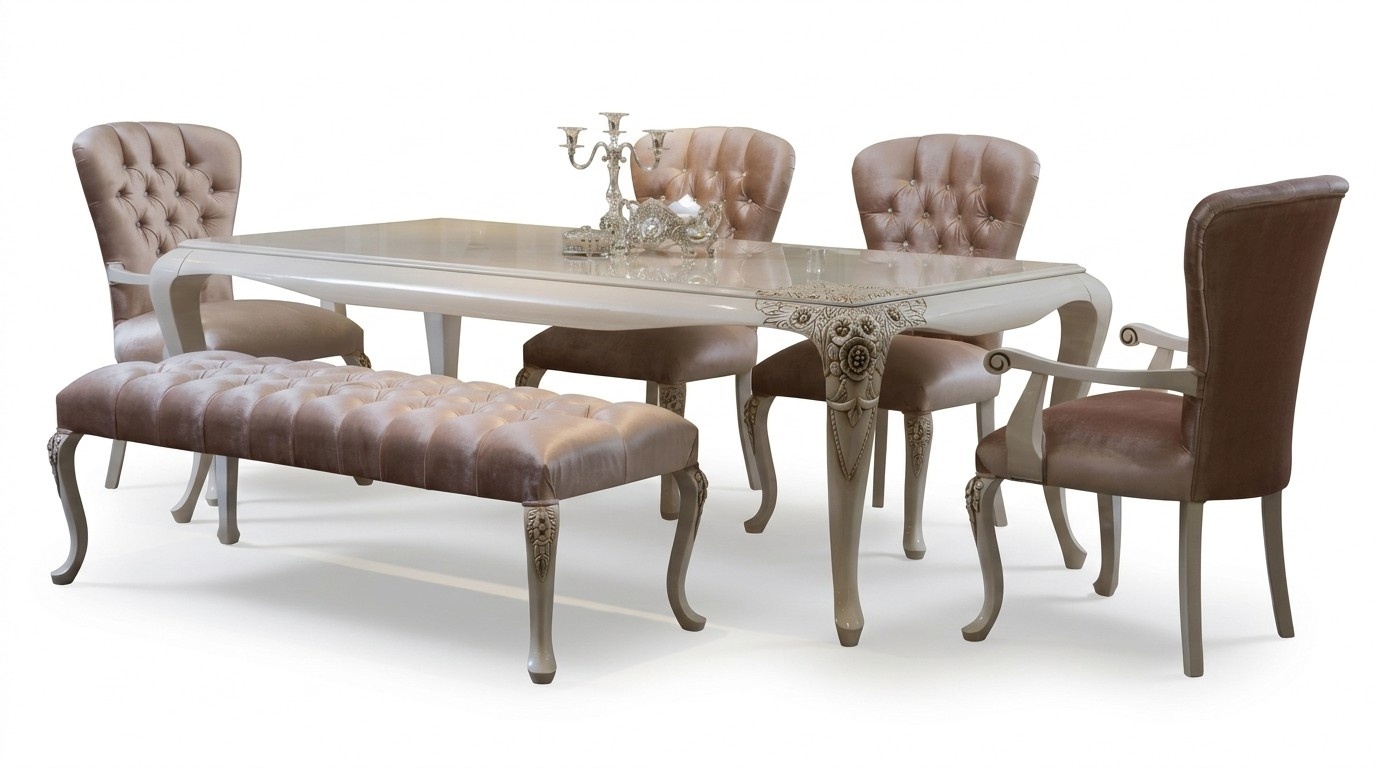 Klassische Esszimmer Garnitur Tisch Stuhl Set Hocker Essgarnitur 6tlg