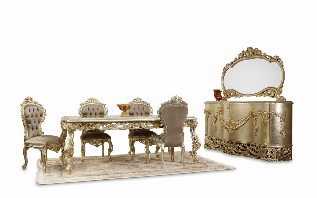 Klassische Esszimmergarnitur Esstisch 4x Stühle Anrichte Spiegel 8tlg