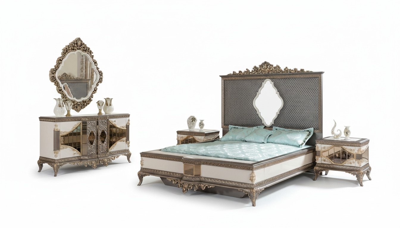 Klassische Graue Schlafzimmer Luxus Garnitur Doppelbett 2x Nachttische