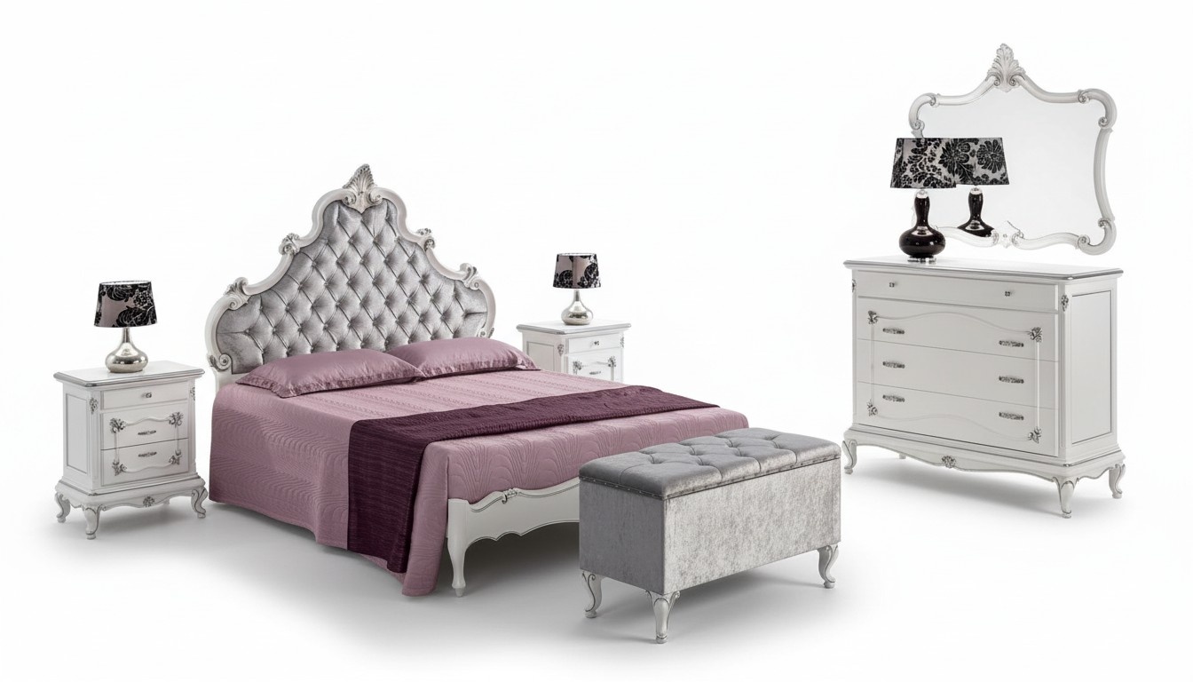 Klassische Möbel 6-teiliges Schlafzimmer-Set Bett 2x Nachttische Hocker Kommode Spiegel neu