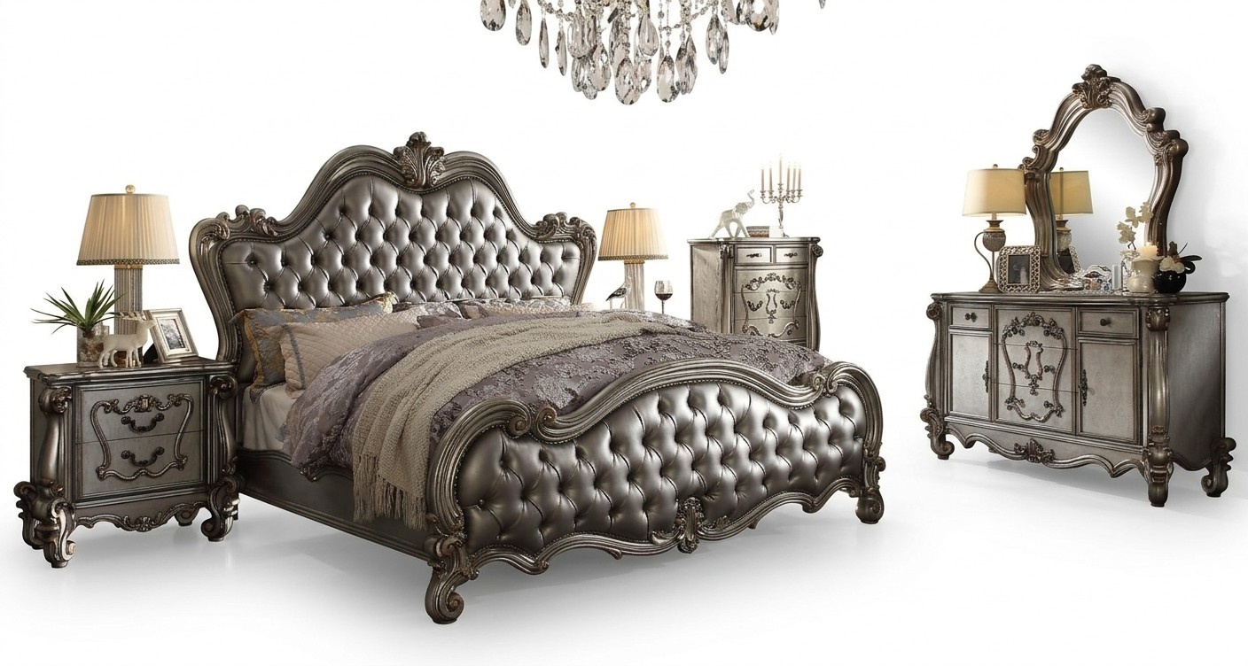 Klassische Möbel Schlafzimmer Set Bett Nachttisch Kommode Spiegel 5tlg. Barock