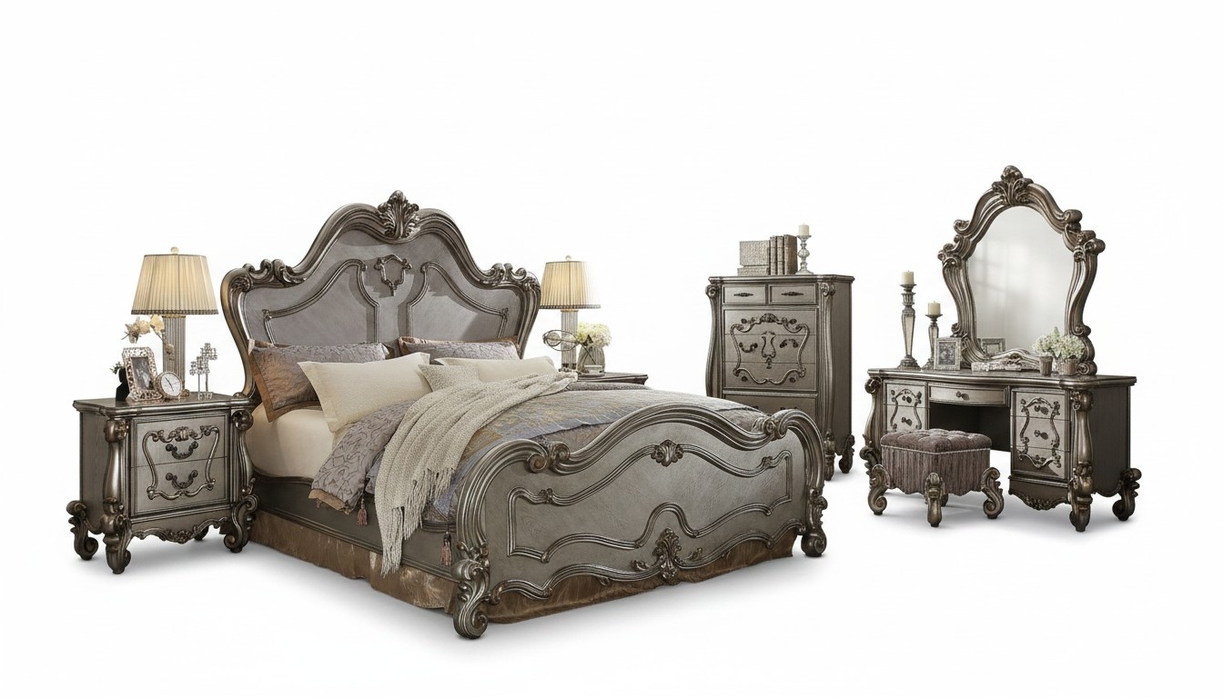 Klassische Schlafzimmer Set Bett 2x Nachttisch Kommode Spiegel 5tlg. Set Betten