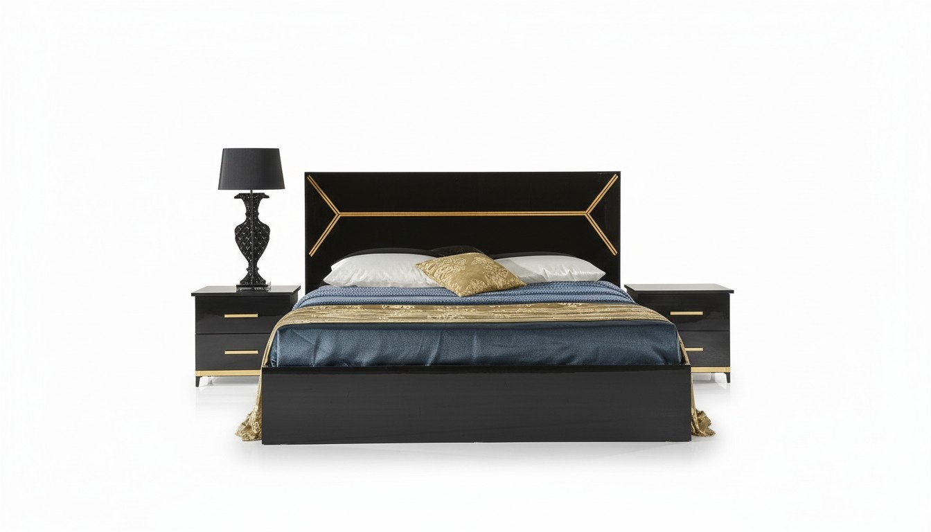 Klassische Schlafzimmer Set Bett 2x Nachttisch Kommode 3tlg. Set Betten Schwarz