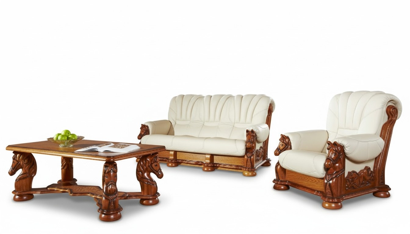 Klassische Sofagarnitur Couch Polster Sitz Garnitur Sofa Leder Holz 3+2+2 Set