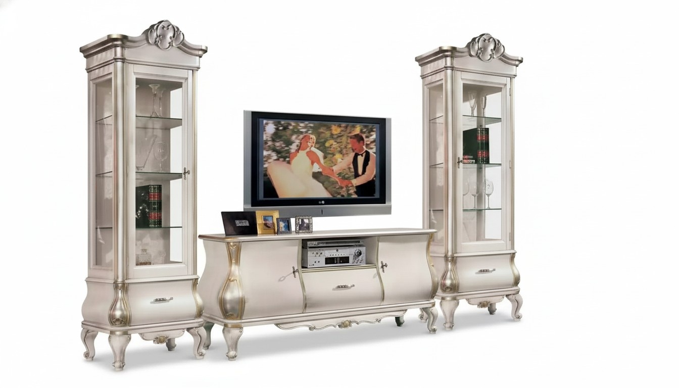 Klassische Weiße Wohnwand TV-Ständen 2x Vitrinen Elegantes Set 3tlg Schrank