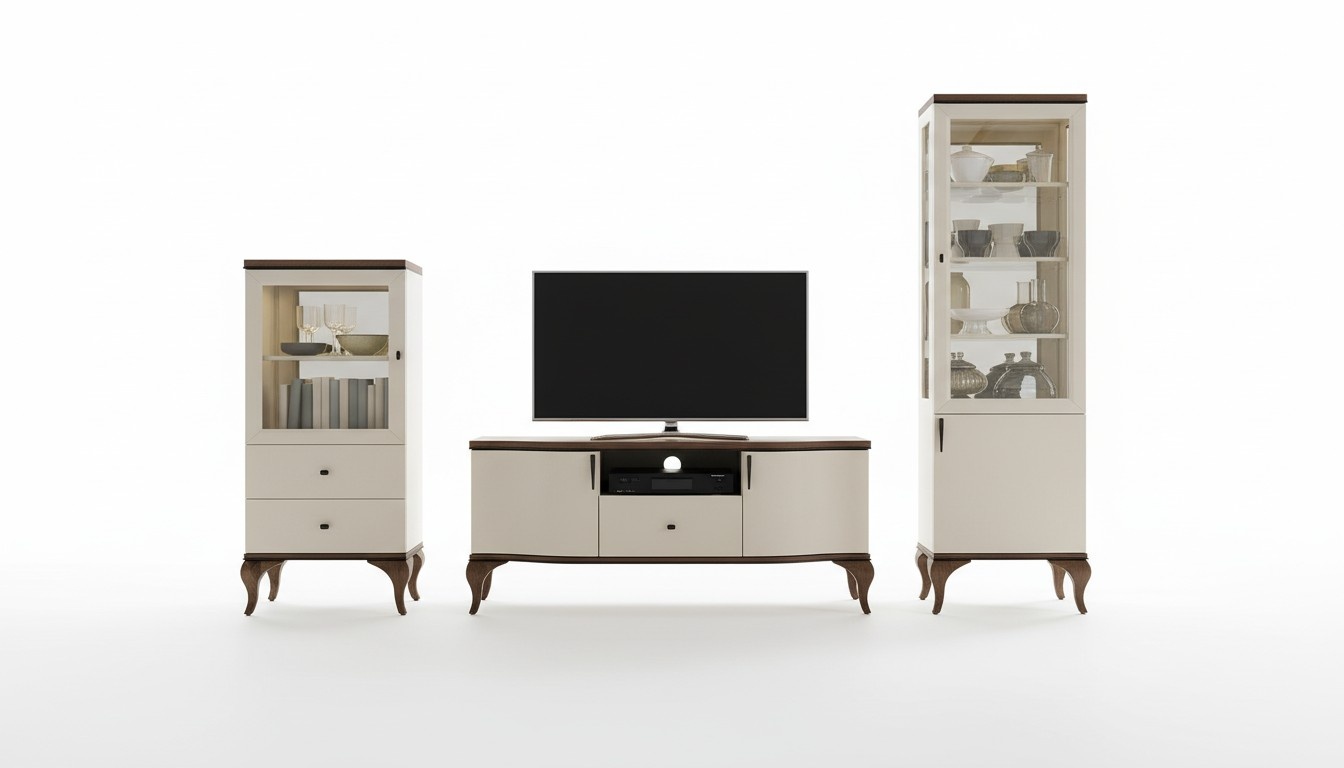 Klassische Wohn Wand Wohnzimmer Vitrine Sideboard RTV Regal Wände Schrank 3tlg.
