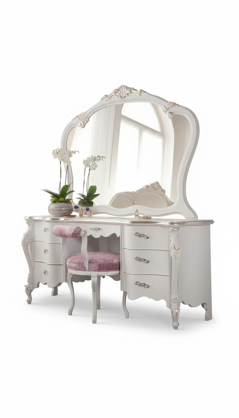 Klassischer Massivholz Schminktisch Schlafzimmer Möbel Set 2tlg Weiß
