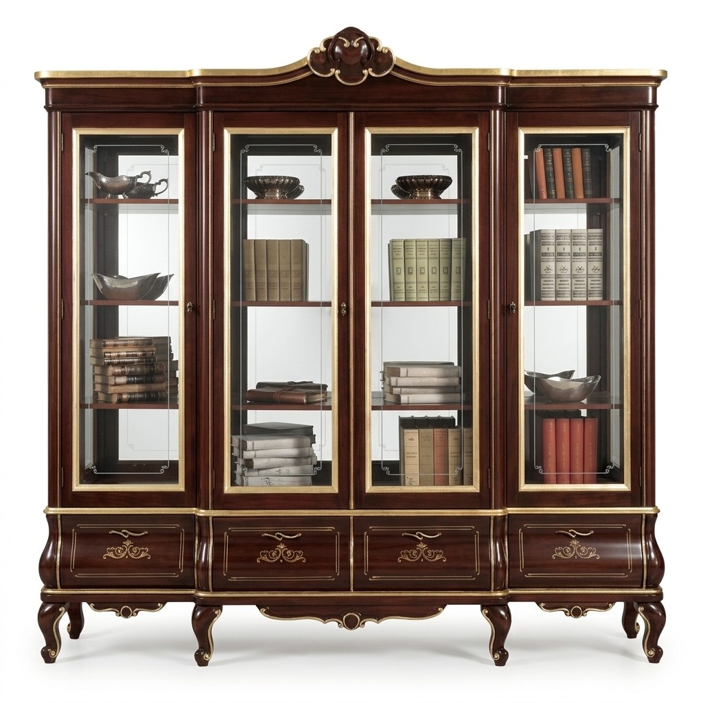 Klassisches Braunes Bücherregal Schubladen Glastüren Massivholz Möbel