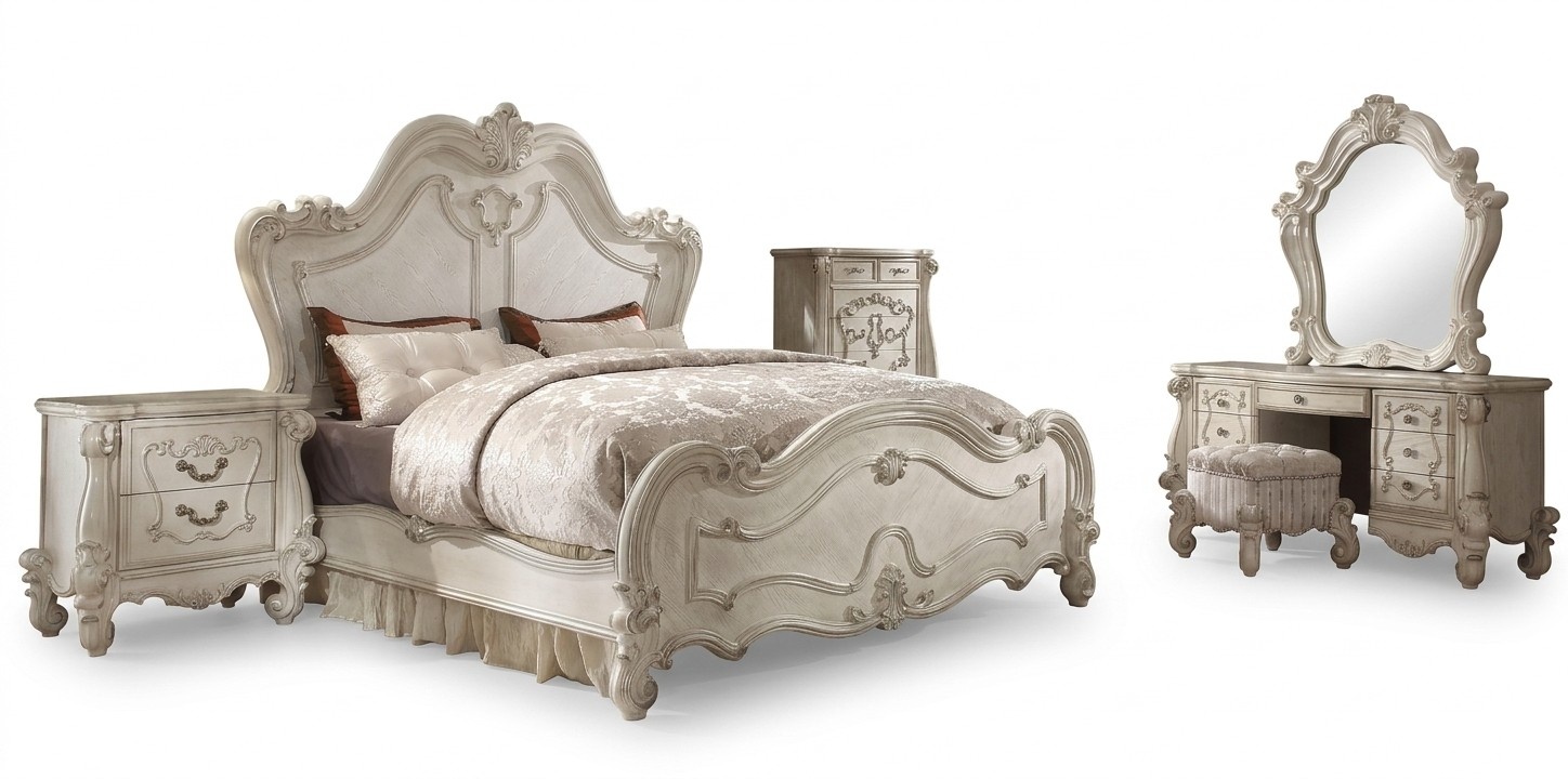 Klassisches Schlafzimmer Set Bett Nachttisch Schminktisch Spiegel Hocker 6tlg
