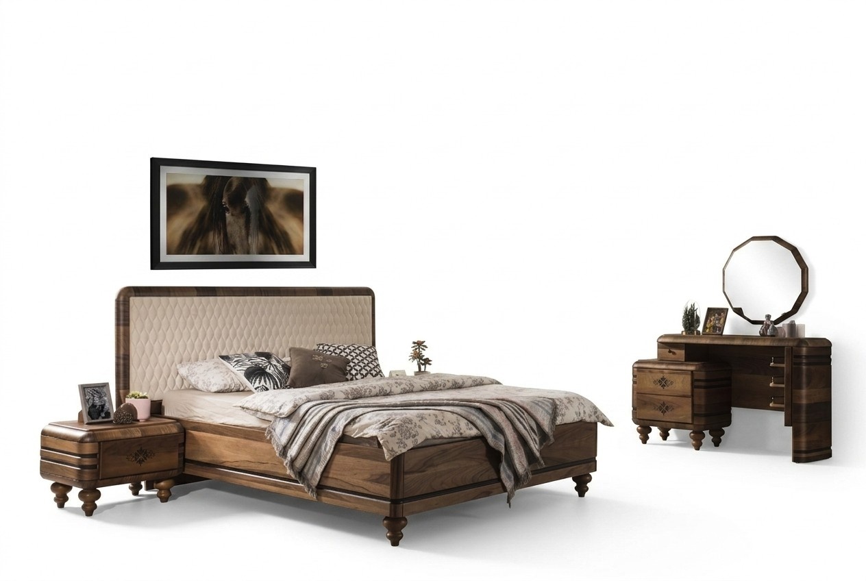Klassisches Schlafzimmer Set Luxus Braunes Bett Nachttische Schminktisch