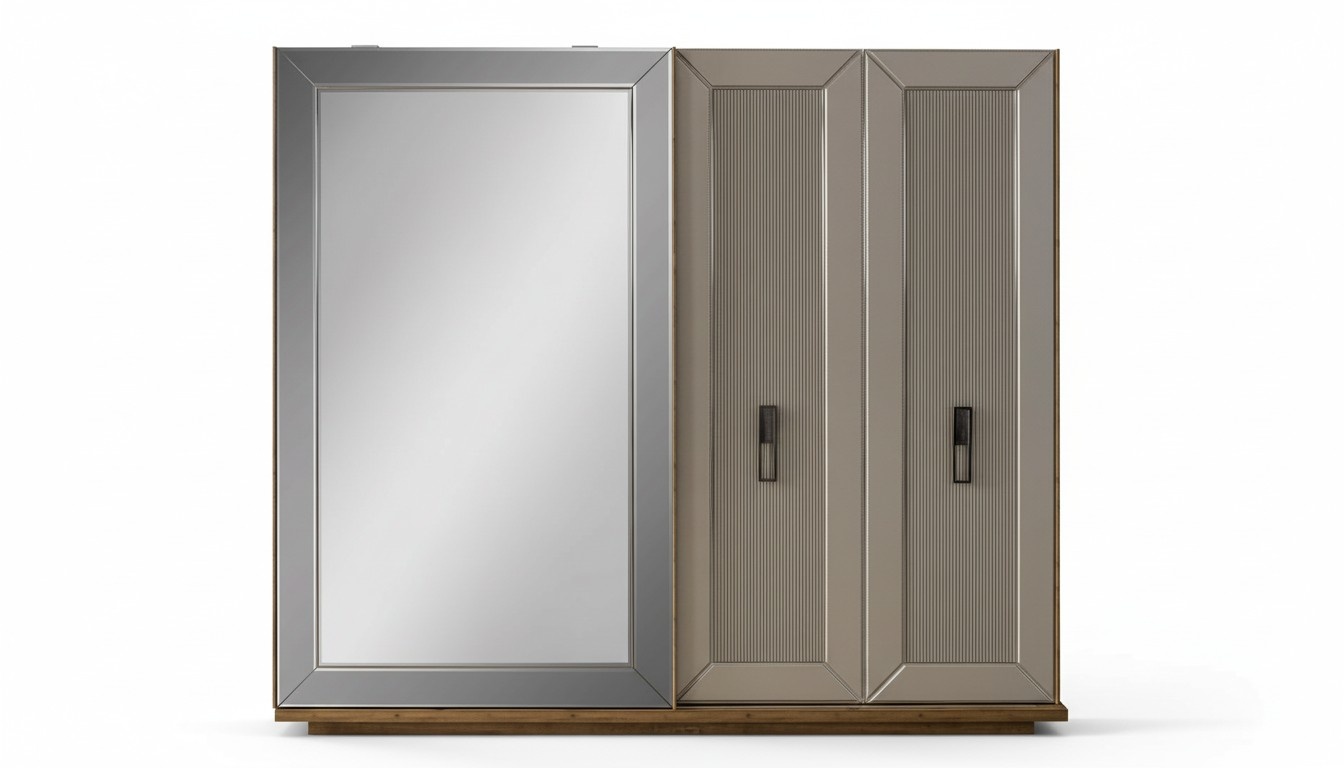 Kleiderschrank Garderobenschrank Schrank Spiegel Holzschrank Beige