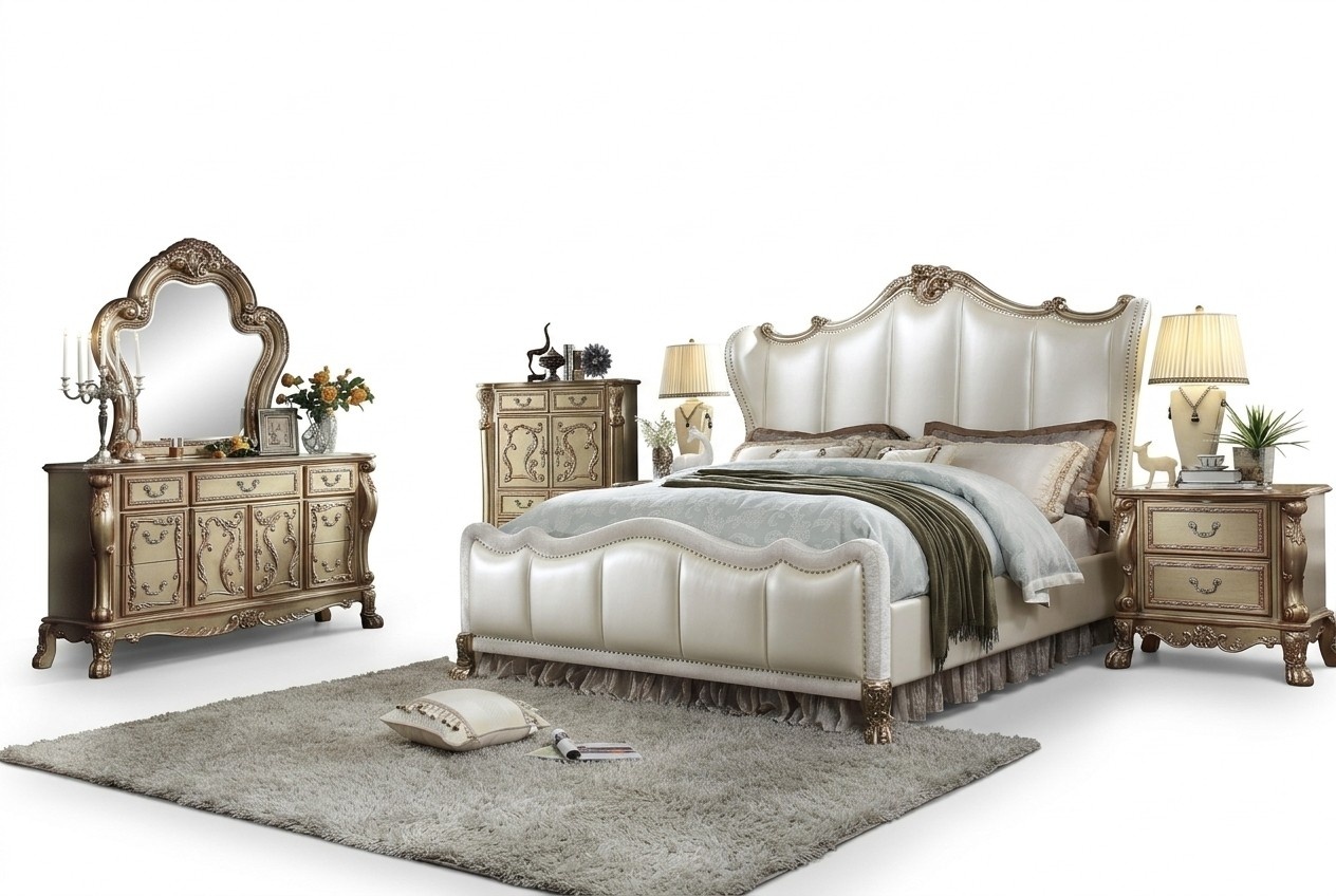 Königliches Schlafzimmer Set Bett + 2 Nachttische Leder Betten Doppel Hotel neu