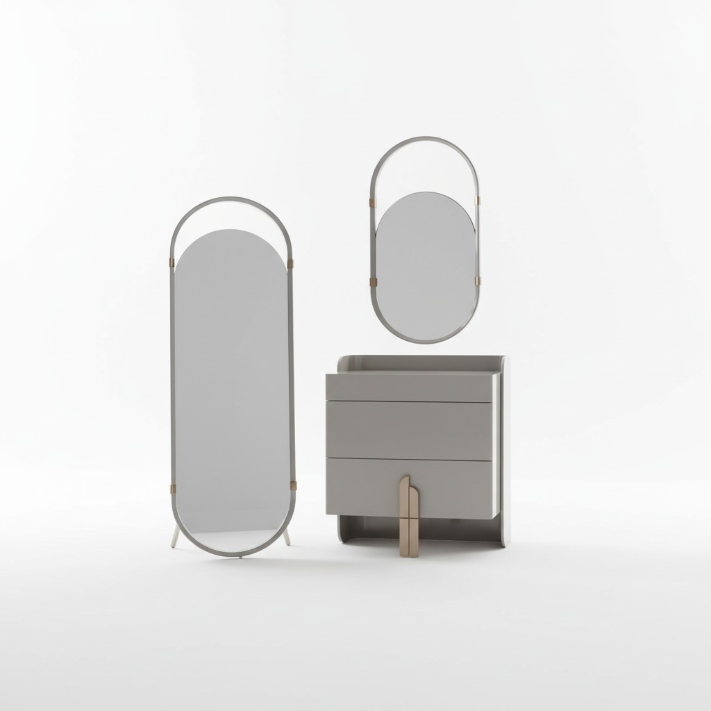 Kommode Oval Spiegel Standspiegel Schubladenschrank Hochglanz Edelstahl