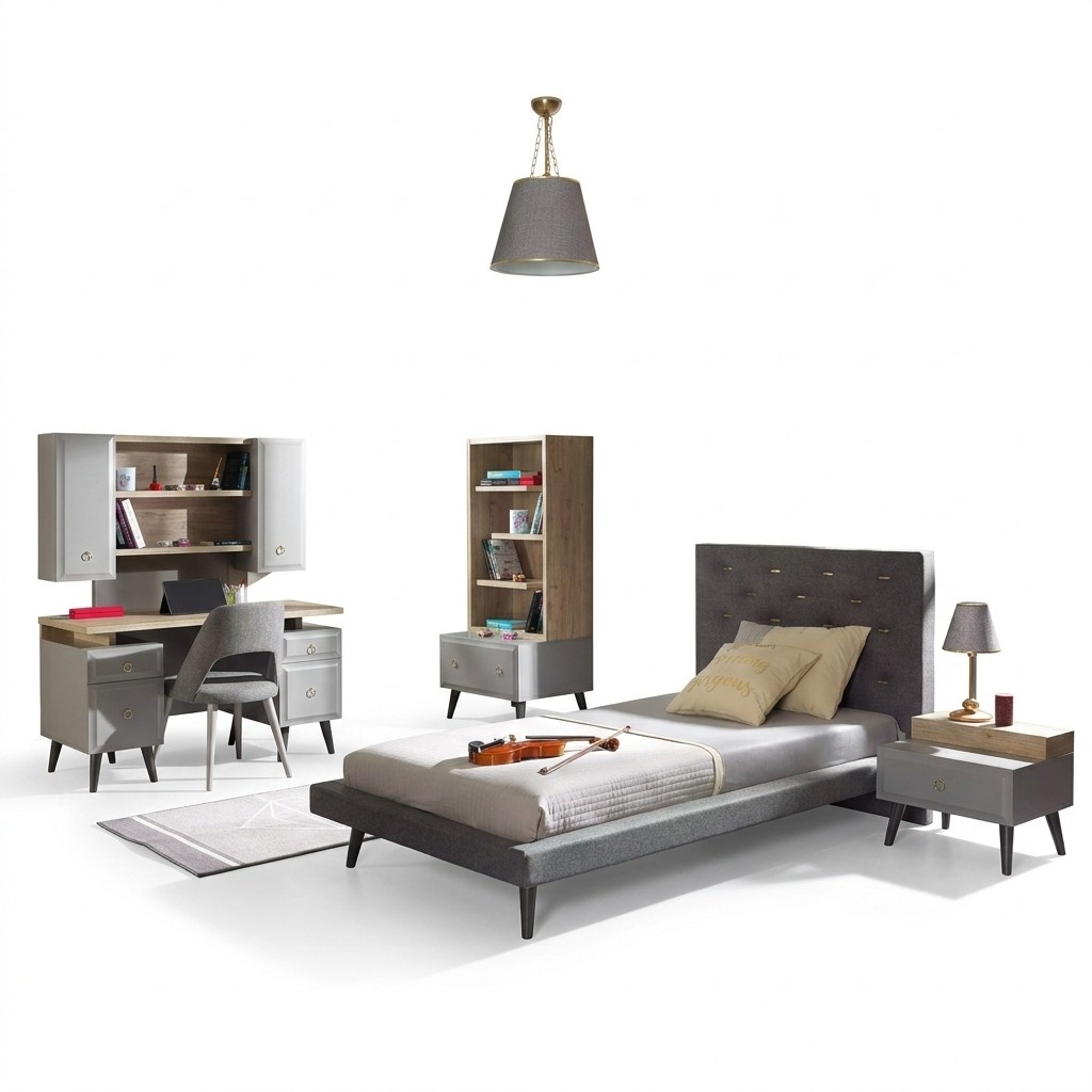 Komplete Jugendbett Kindermöbel Kinderzimmer Bett Holz Grau Set 5tlg1
