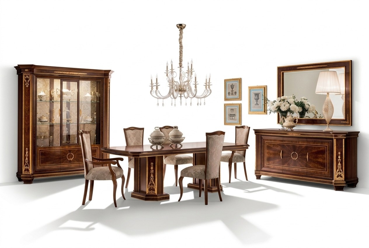 Komplett Esszimmer Vitrine Tisch 6x Stühle Kommode Spiegel Set Garnitur Neu