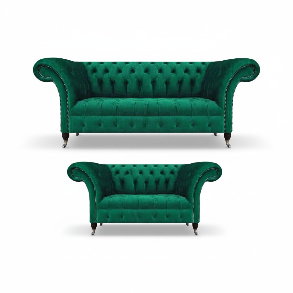Komplett Grün Sofagarnitur 2x Sofas Chesterfield Einrichtung Textil Polstersofa