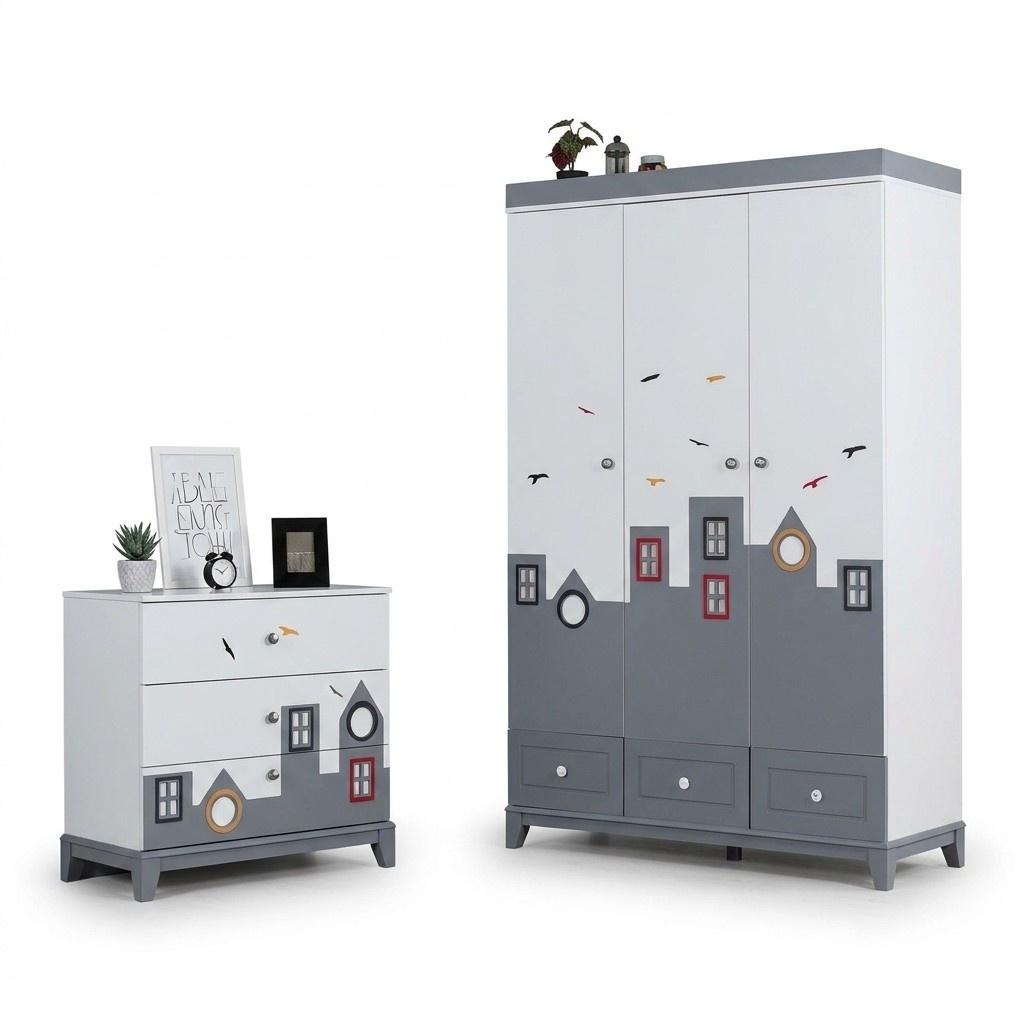 Komplett Mehrfarbig Kinderzimmer Set Kleiderschrank Kommode Helles 2tlg Neu