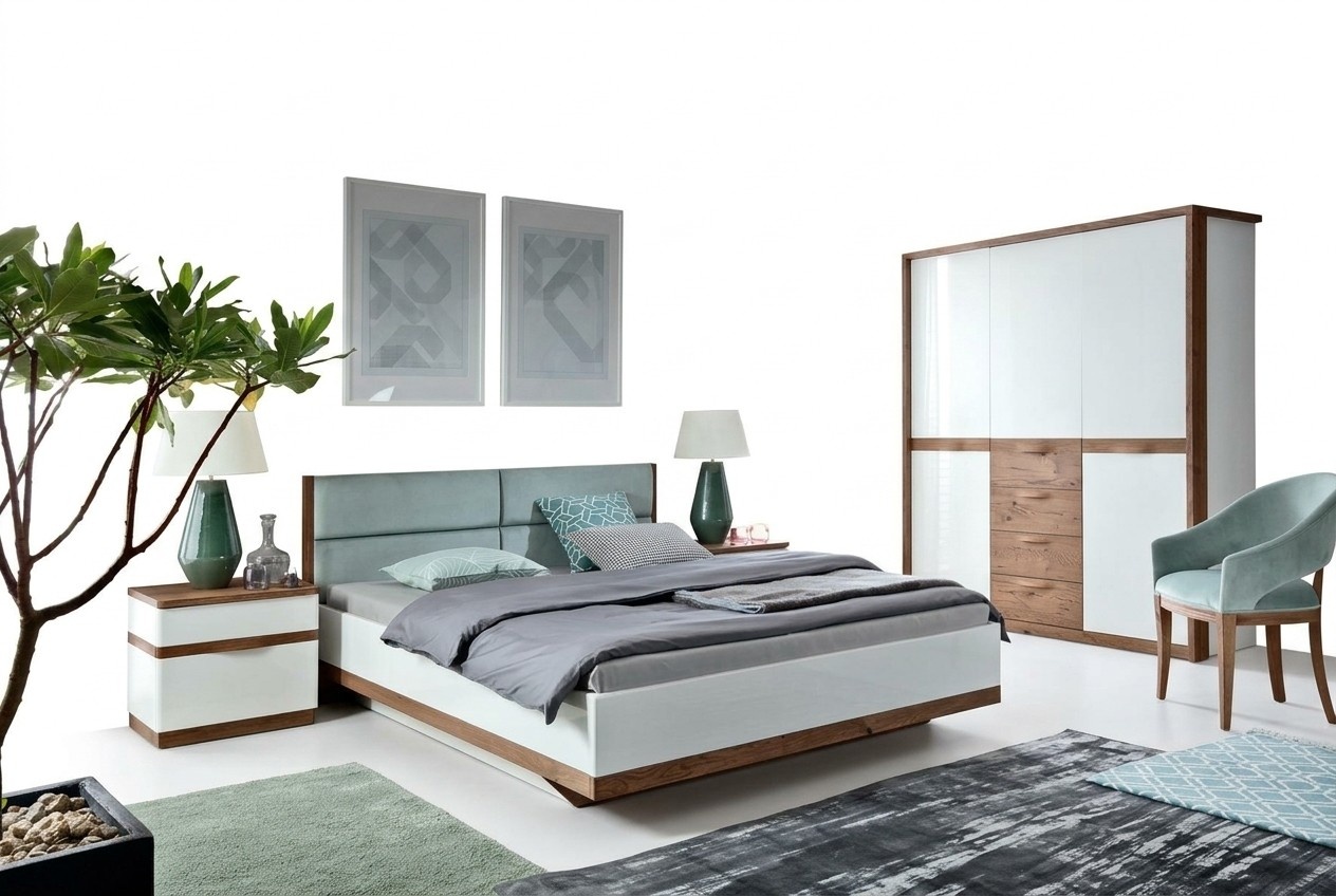 Komplett Schlafzimmer Bett 2x Nachttische Holz Kleiderschrank Einrichtung