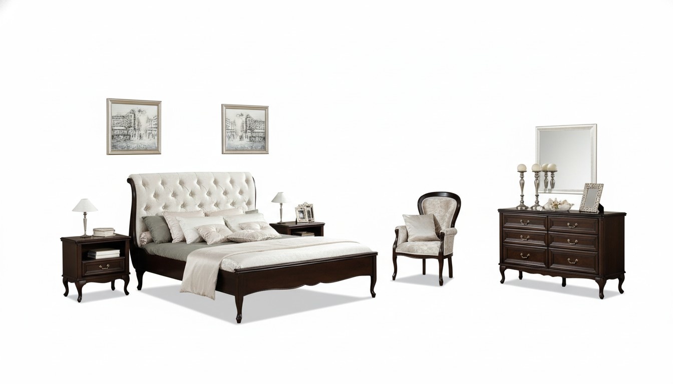 Komplett Schlafzimmer Bett Ehebett Nachttische Kommode Sessel Chippendale Royal