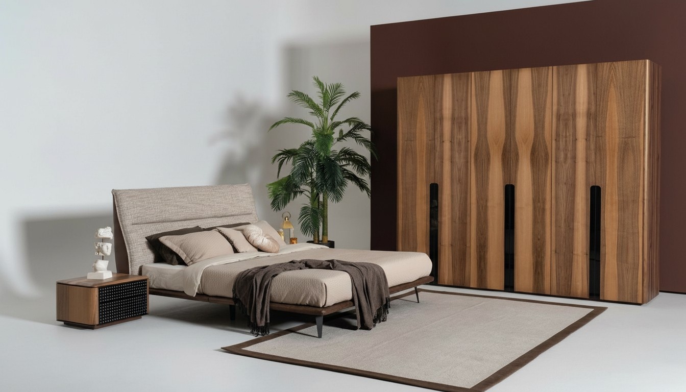 4tlg Design Schlafzimmer Set Bett Kleiderschrank 2x Nachttisch