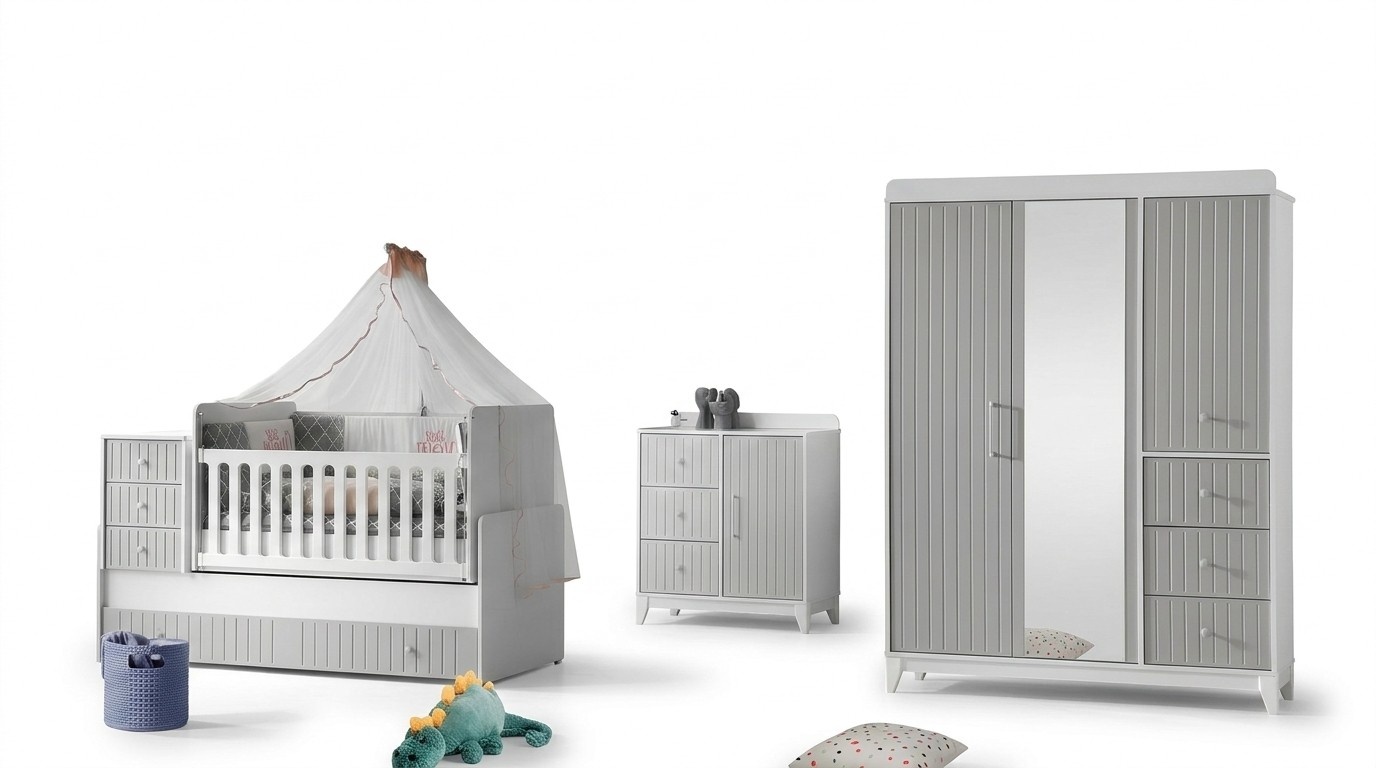Komplett-Set für Kinderzimmer: Kommode, Kleiderschrank, Kinderbett Grau Farbe