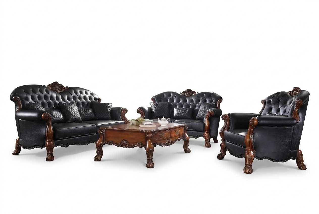 Komplett Set Sofagarnitur 3+1 Sitzer Holz Wohnlandschaft 2tlg Gruppe Geschnitzt