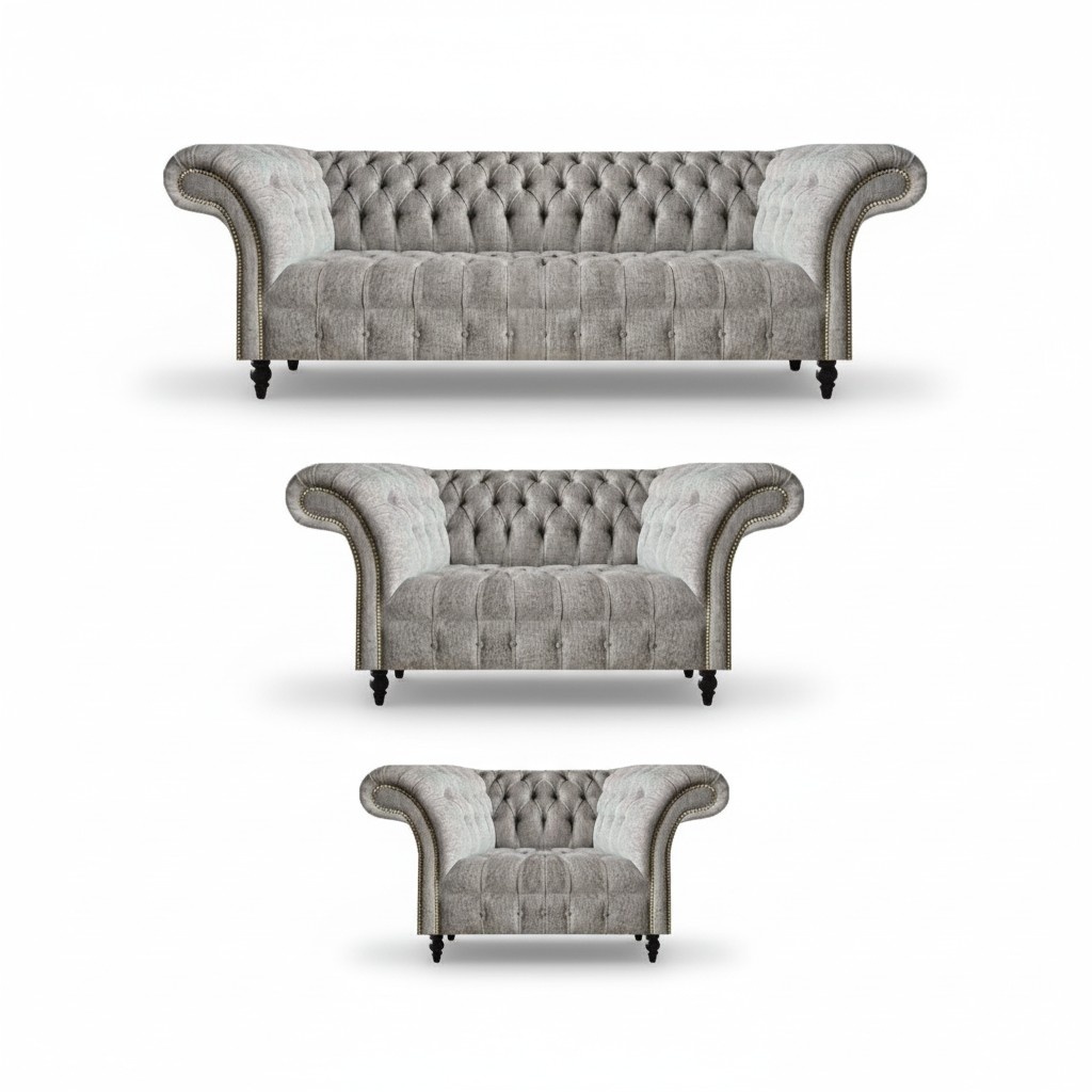 Komplett Sofa Set 3tlg Chesterfield Sitzmöbel Textil Stoff Sessel Wohnzimmer