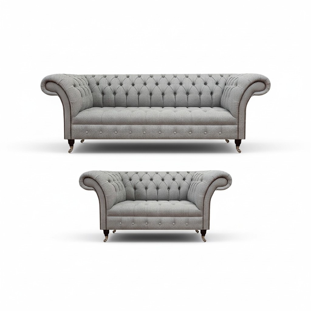 Komplett Sofagarnitur Chesterfield Grau 2tlg Luxus 2x Sofas Wohnzimmer